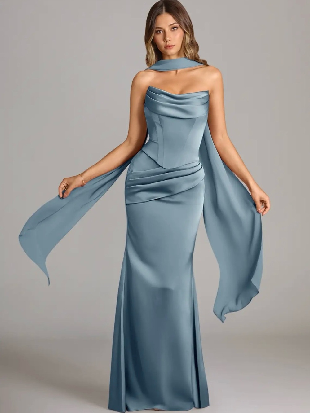 Azazie sorrel dusty blue stretch satin bridesmaid dress